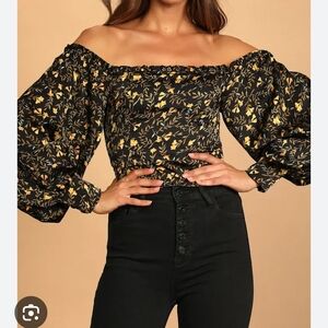 Lulu's Black and Gold Floral Off-Shoulder Blouse